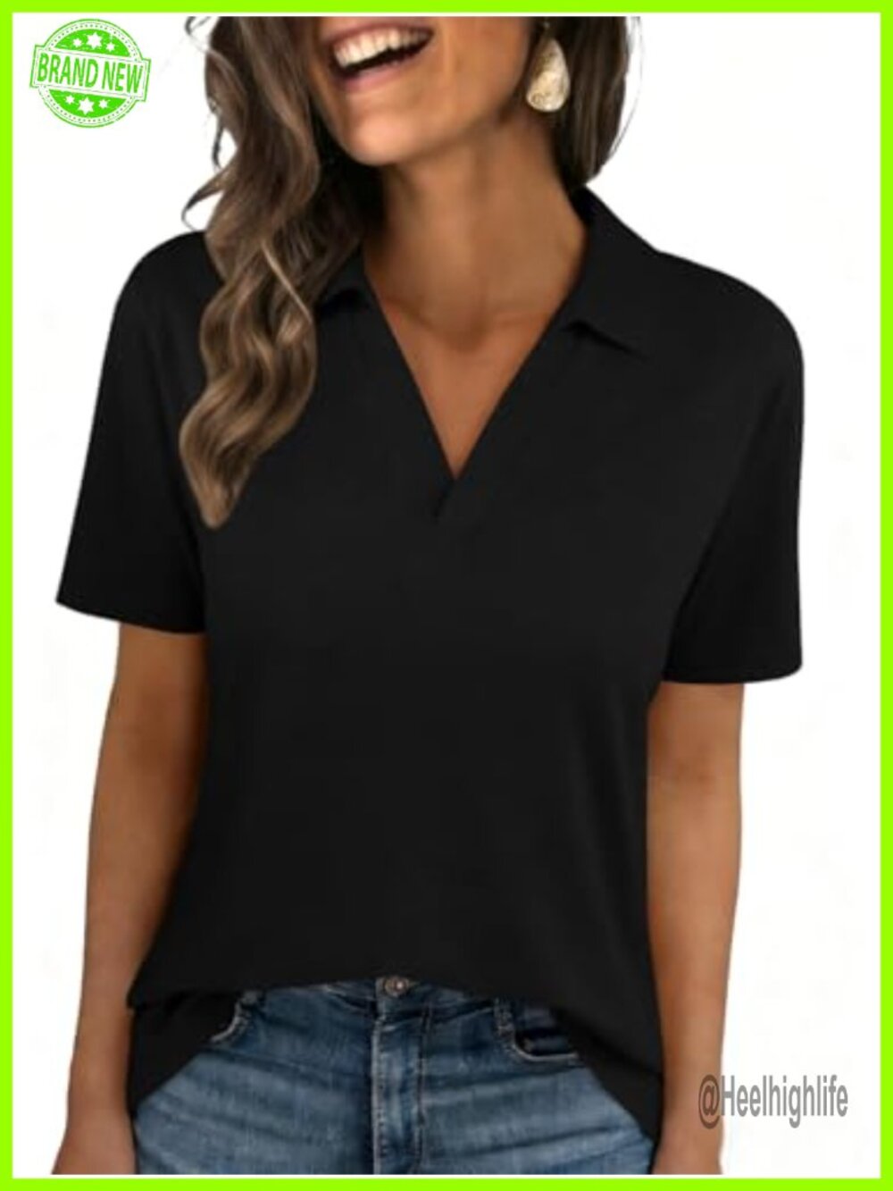 Women's Short Sleeve V Neck Polo Shirt Business Casual Blouse - Picture 1 of 6